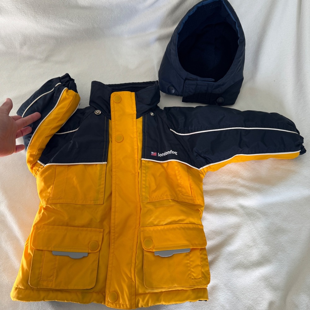 London Fog Kids Winter Rain Jacket Snow Coat Hooded Navy Yellow 18M toddler